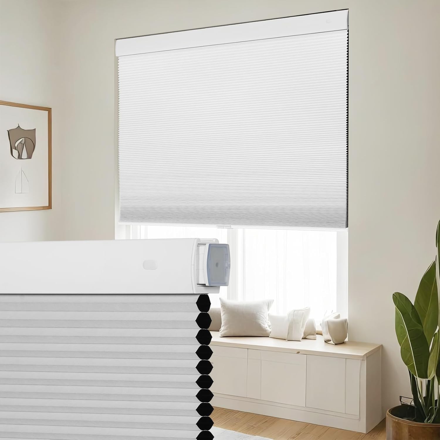 SEEYE No Drill Cordless Cellular Shades, Light Filtering 66″ W x 64″ H White
