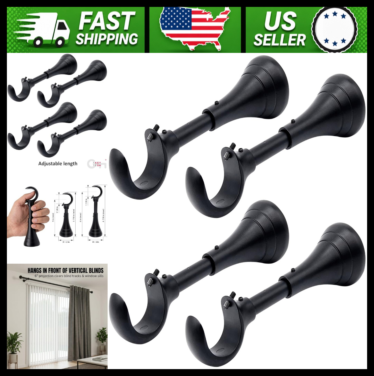 Heavy Duty 6 Inch Adjustable Curtain Rod Brackets, Black, 4 Pack