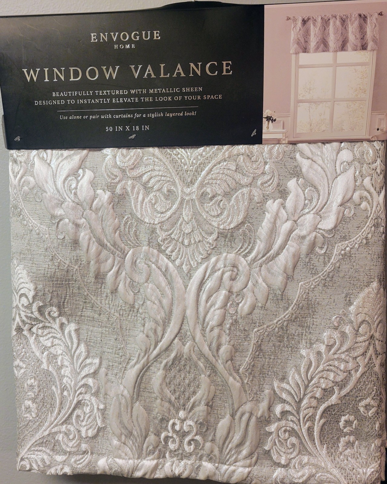 Envogue Window Valance Silver Gray Textured Metallic Sheen 50” x 18” Medallion