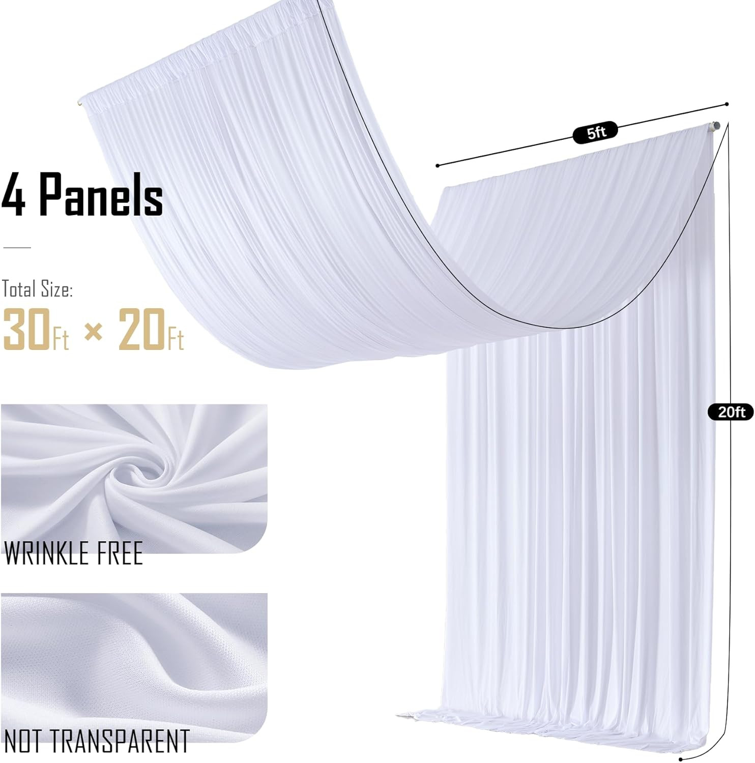 20x20FT Ceiling Curtain Panels – 4 Panels of 60W x 240L (Pack of 4) White
