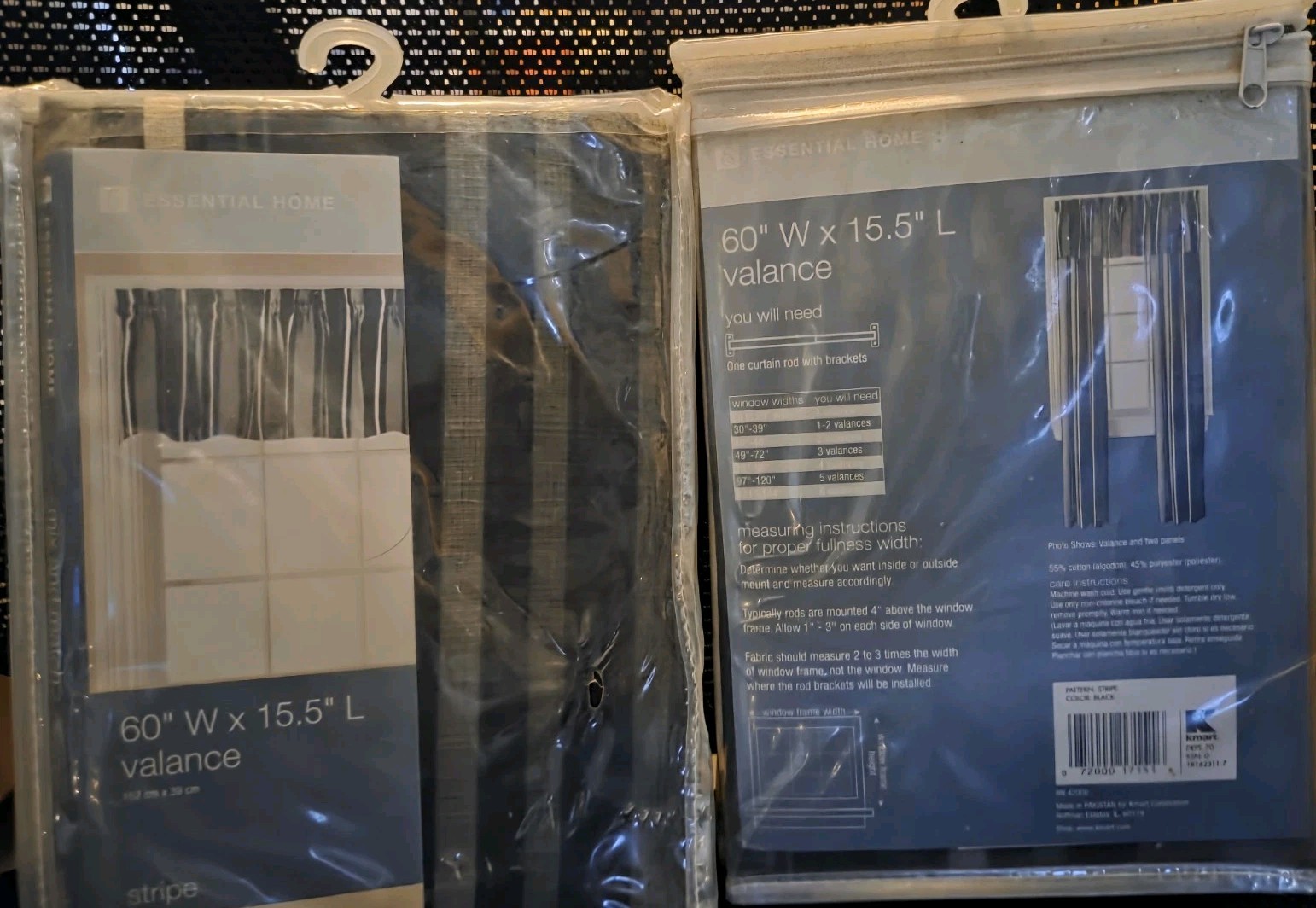 Set Of 2 Essential Home Valance Black White Grey Stripe 60 x 15.5 in. Ships Free