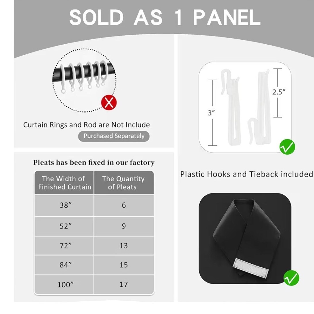 OYRING Blackout Pinch Pleat Curtain Panel 38×63 Black Thermal Insulated 1 Panel
