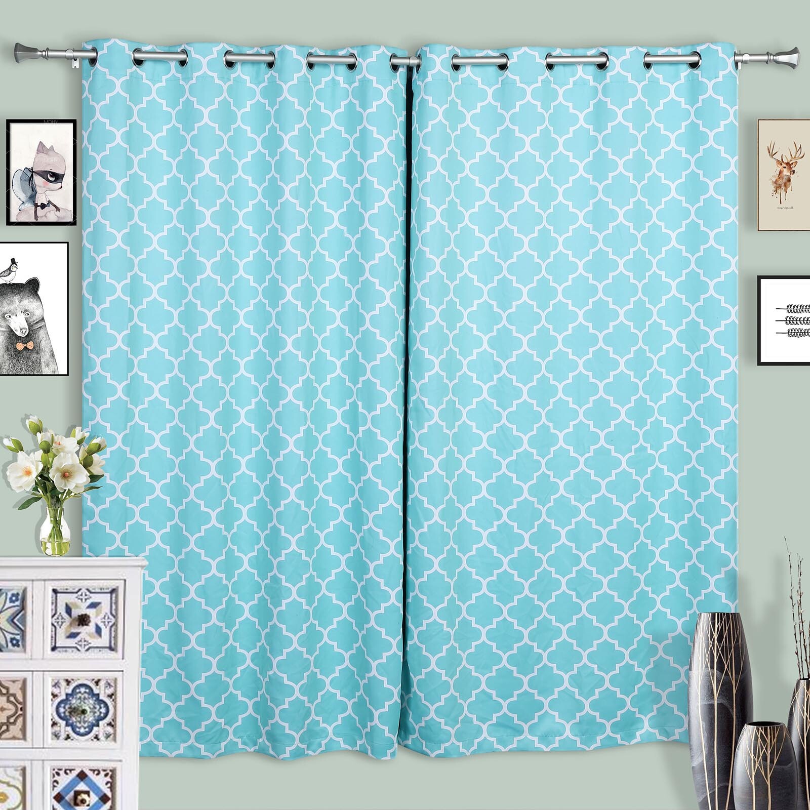 SILVER 42-126″ long Adjustable Metal Curtain Rod Set Teardrop Finials Light Gray