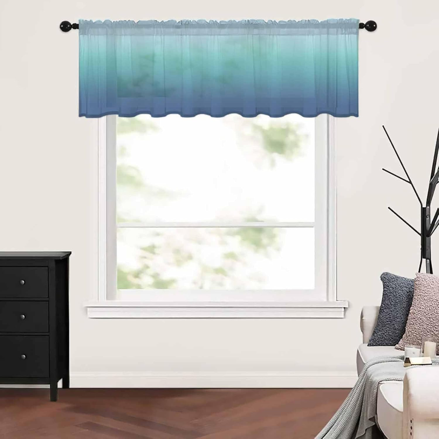 Teal Blue Ombre Sheer Valance, Modern Abstract Art 60″X18″ Light Filtering Kitch