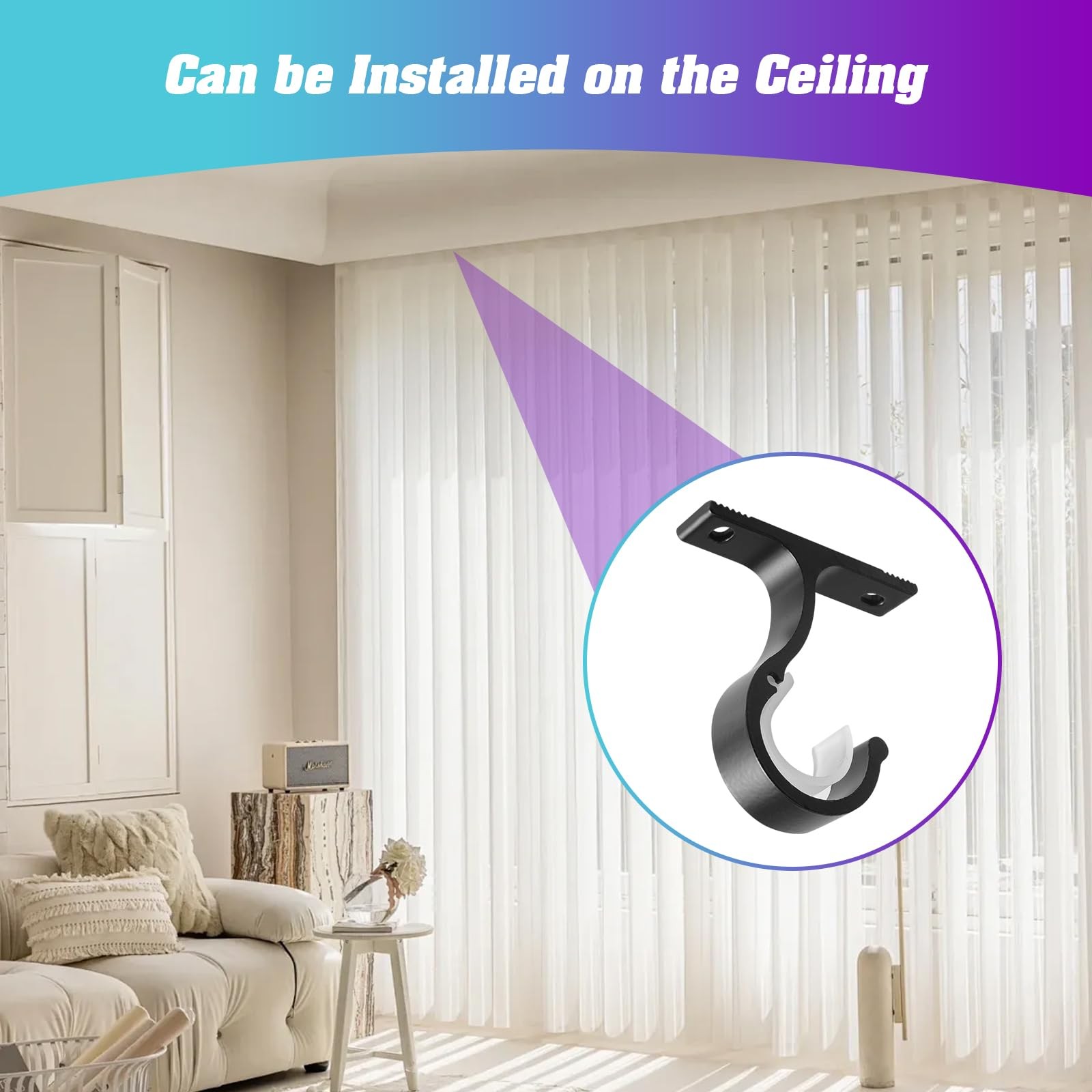 4 PCS Black Ceiling Wall Mount Curtain Rod Brackets Sturdy Metal Holders Set
