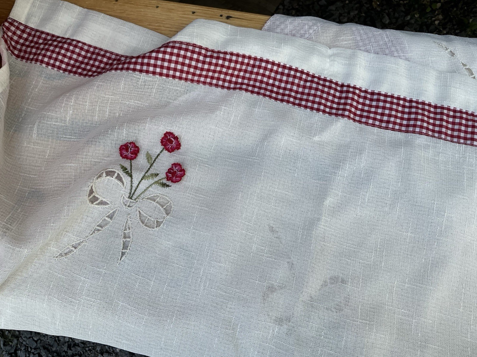 Sheer 3D Floral Red Gingham Check Cottage Core Swag Valance Panels 30×36” A39