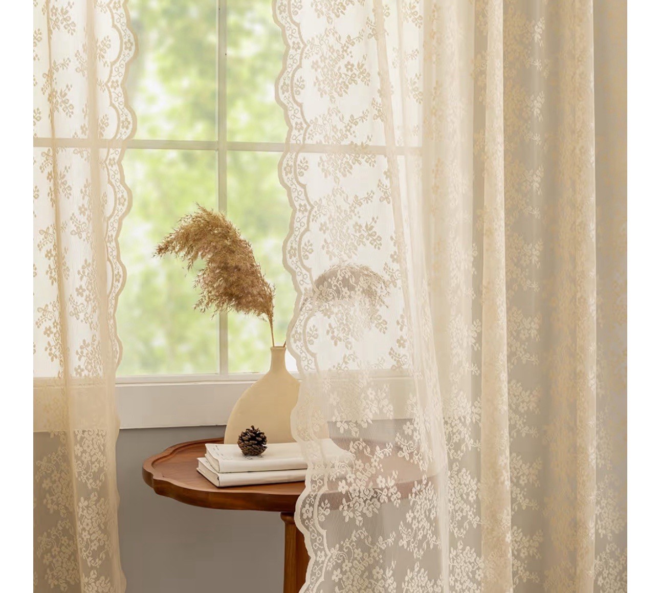 Beige Lace Curtains 52x96L” 2pcs Victorian Flower Voile Sheer Curtains Priv..
