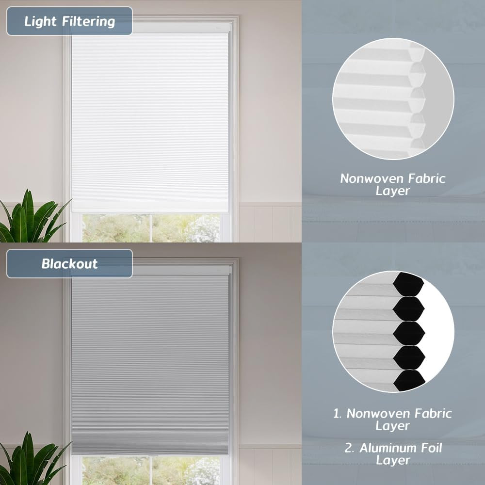 Cordless Blackout Cellular Shades, Easy Install, 68″ W X 64″ H, White