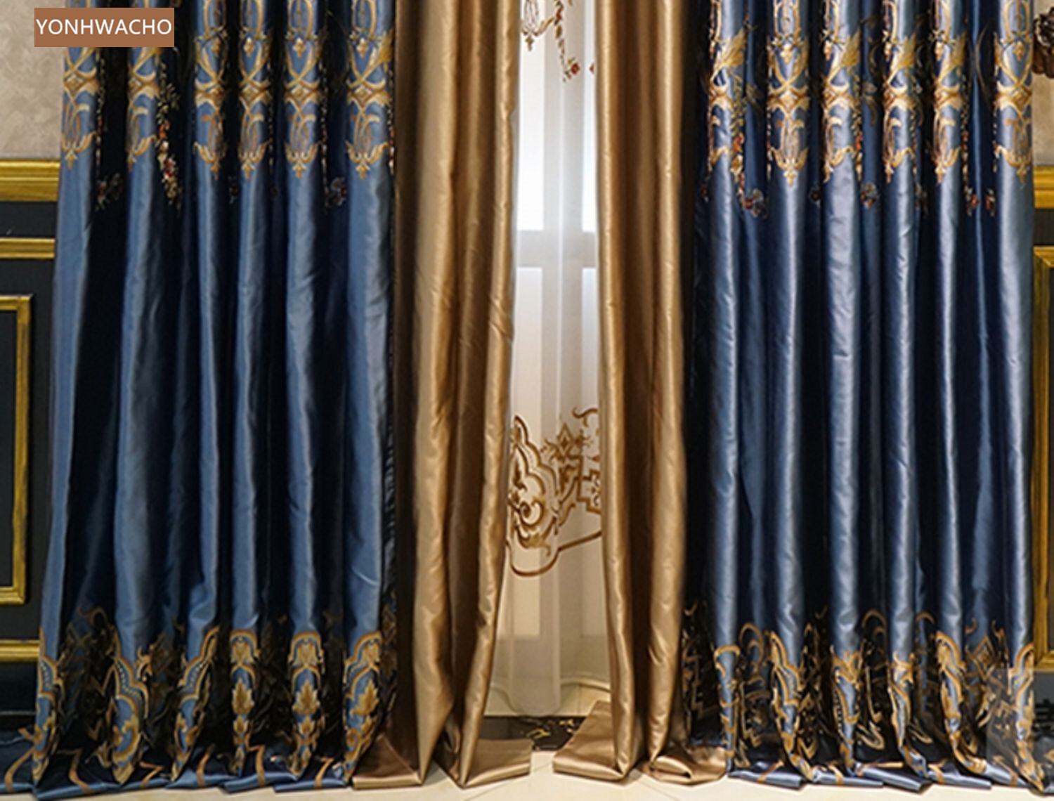 high-precision embroidered blue cloth curtain valance tulle drapery C762