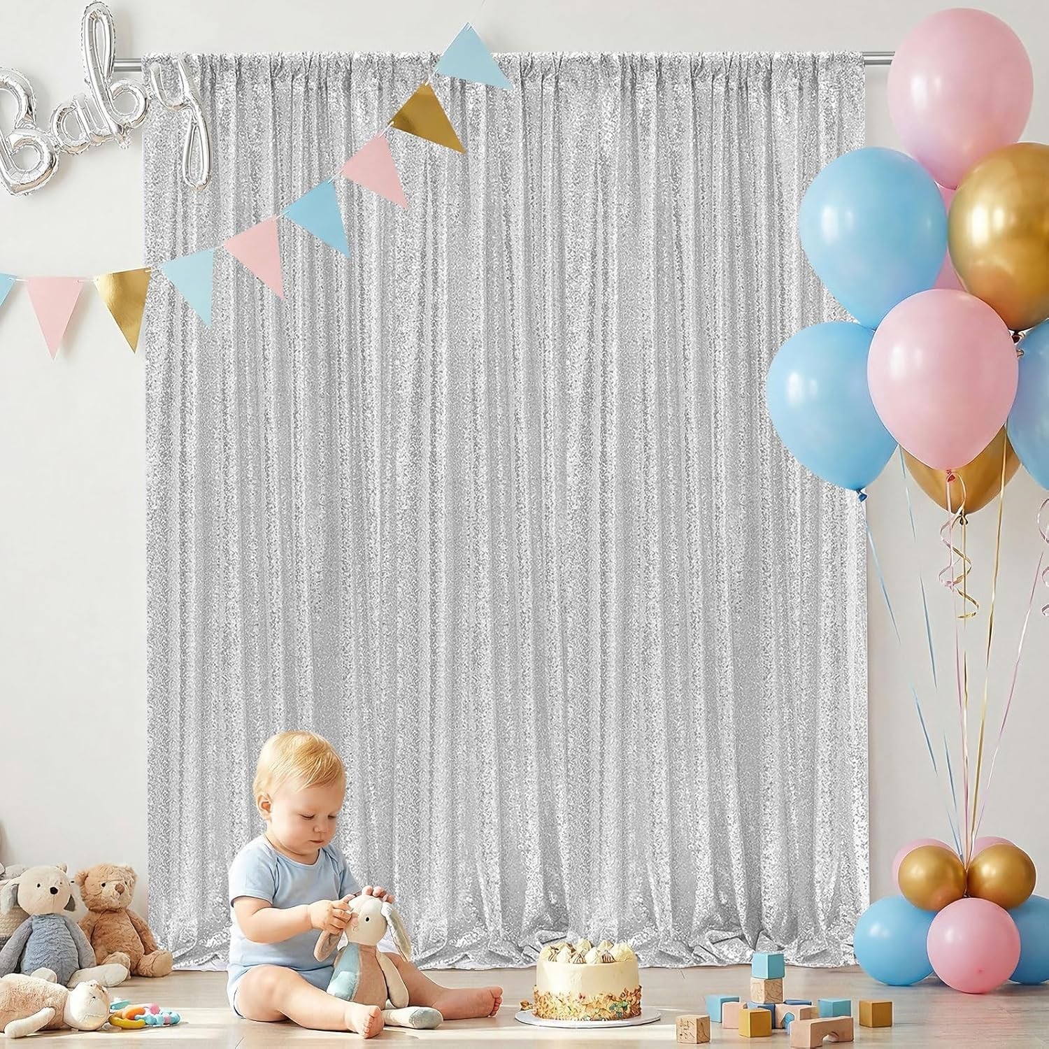 Silver Sequin Backdrop Curtains-2 Panels 2FTx8FT Silver Backdrop for Valentin…