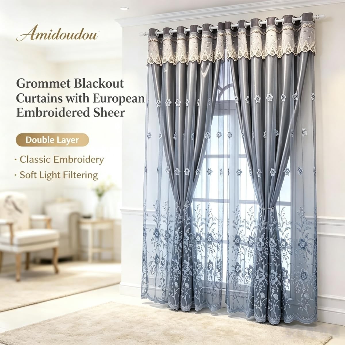 1 Pair European Double Layer Curtains for Living Room Bedroom Luxury Flower E…