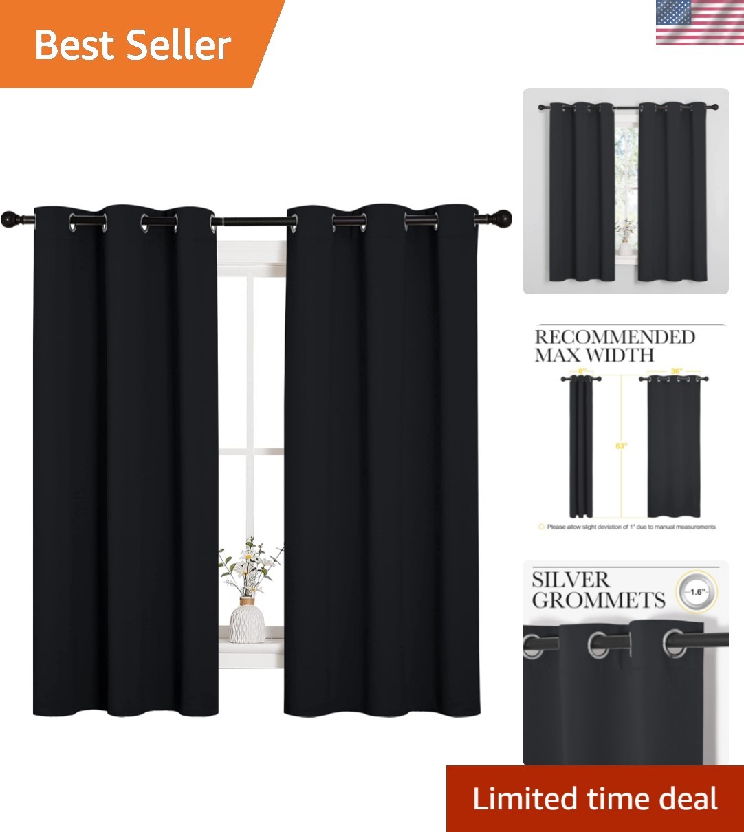 Pitch Black Solid Thermal Insulated Grommet Blackout Curtains/Drapes for Bedr…