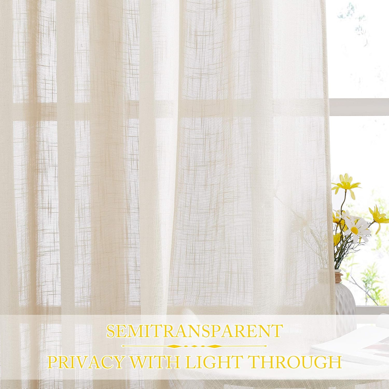 Linen Textured Sheer Curtains – Extra Wide 100″W x 84″L (Pack of 1) Beige