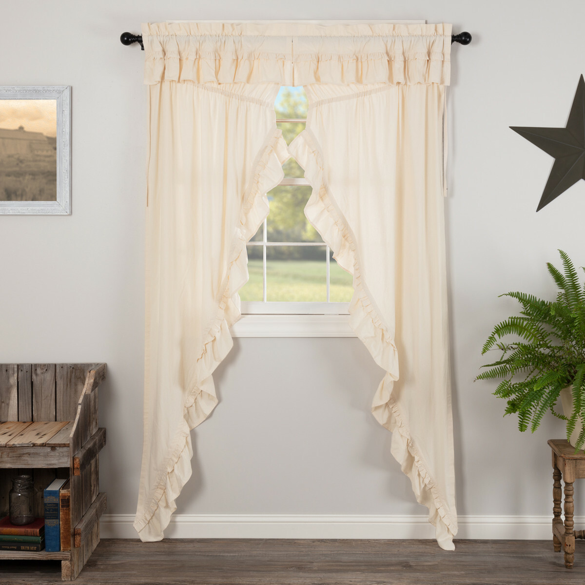 MUSLIN RUFFLED UNBLEACHED Natural PRAIRIE Long Panel Set 84″ Long Country