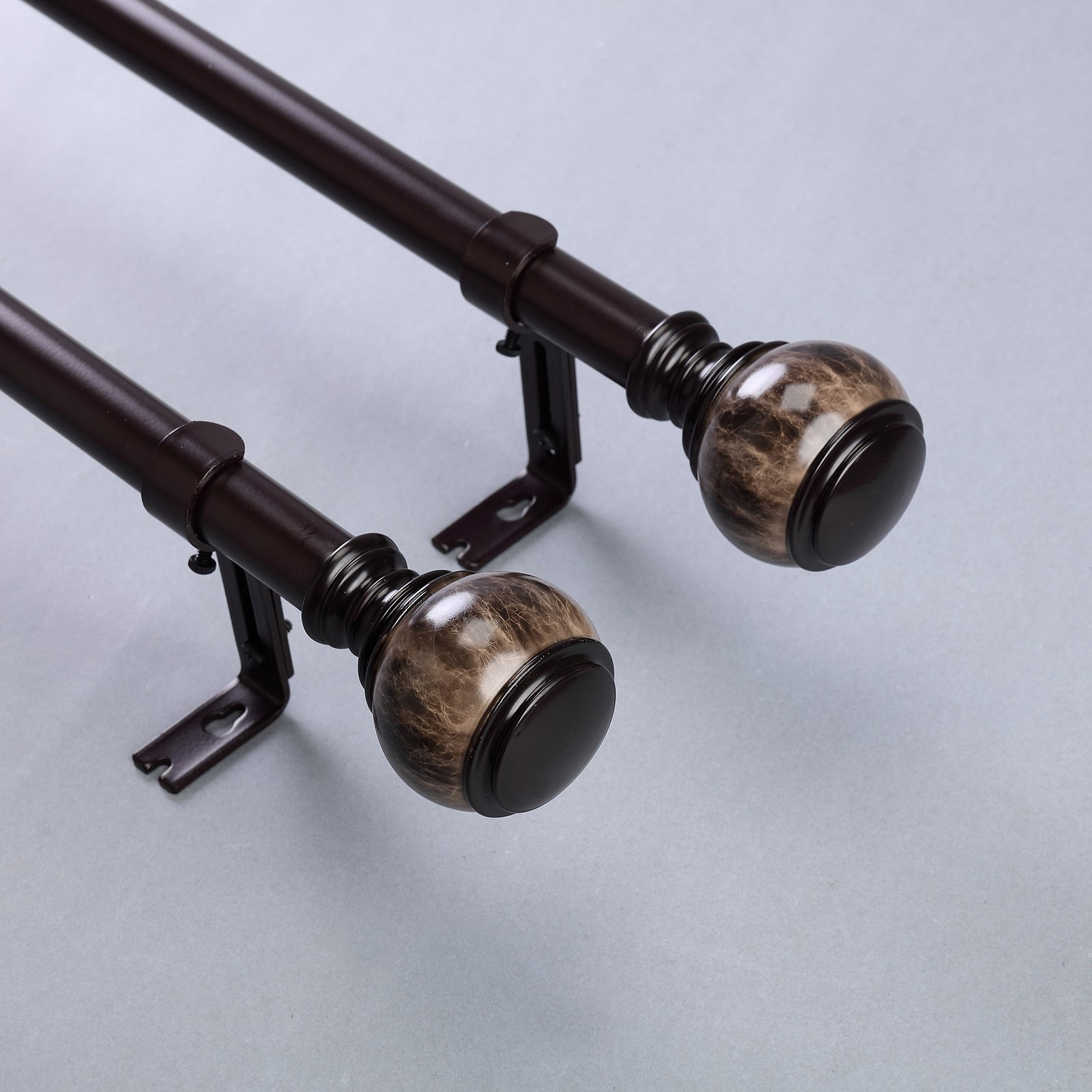 42-126″ long Brown Adjustable Metal Curtain Rod Set Marble Finials Decorations