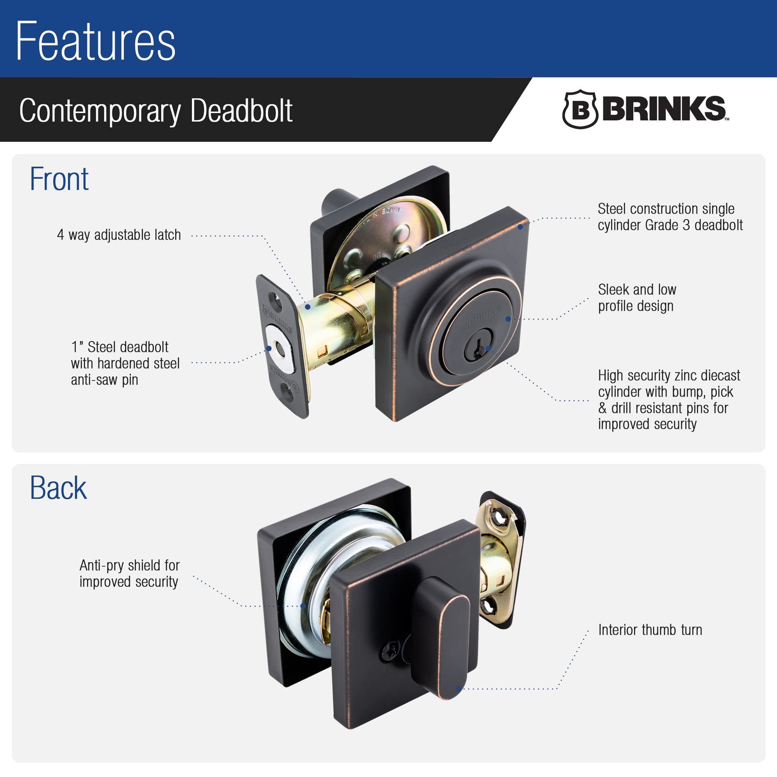 Brinks Lock Single Cylinder – – Keyed Front Door Modern Finish