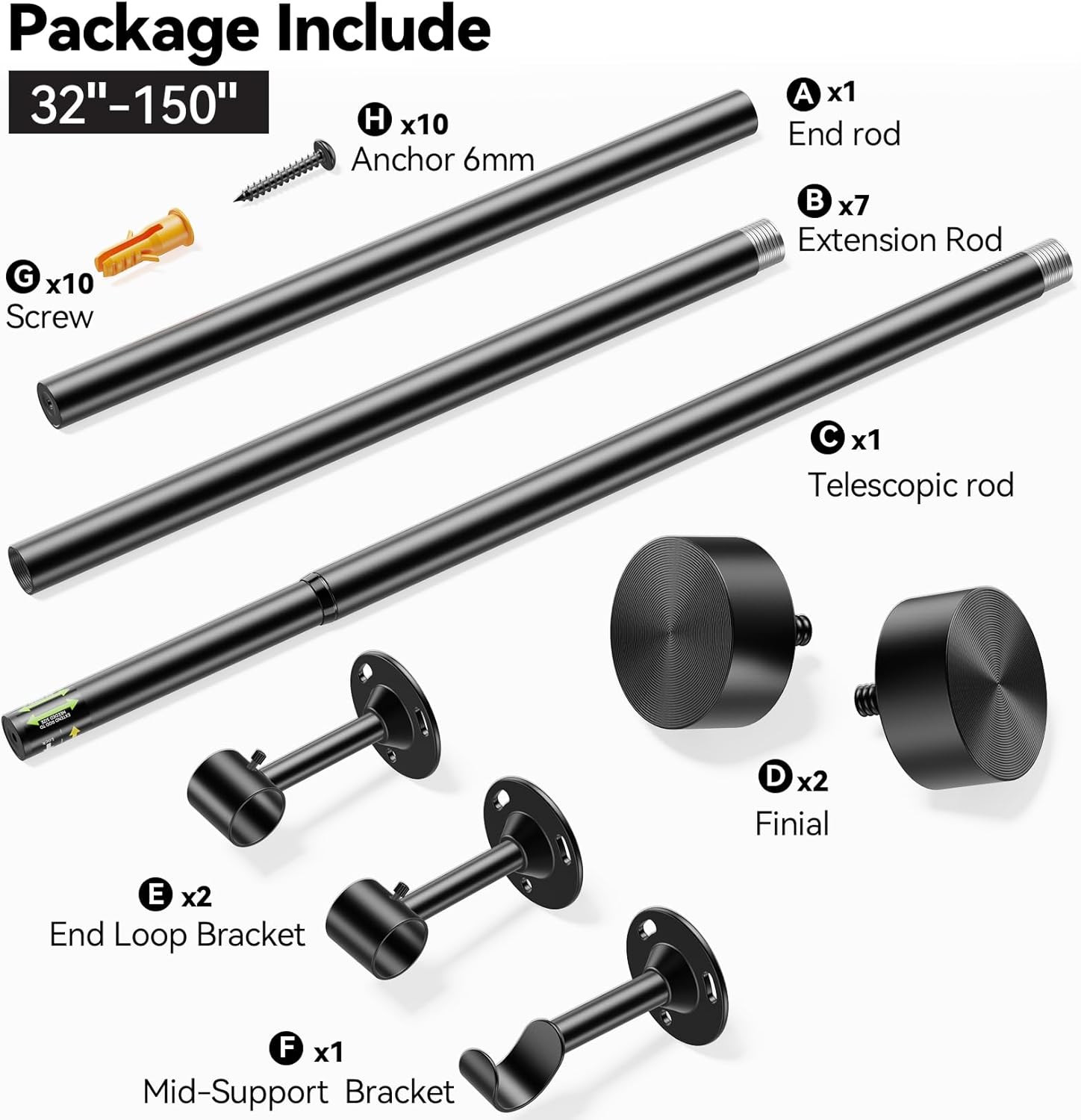 Heavy Duty Curtain Rods 32-150 Inch, 1 Inch Adjustable Black Curtain Rod for Win
