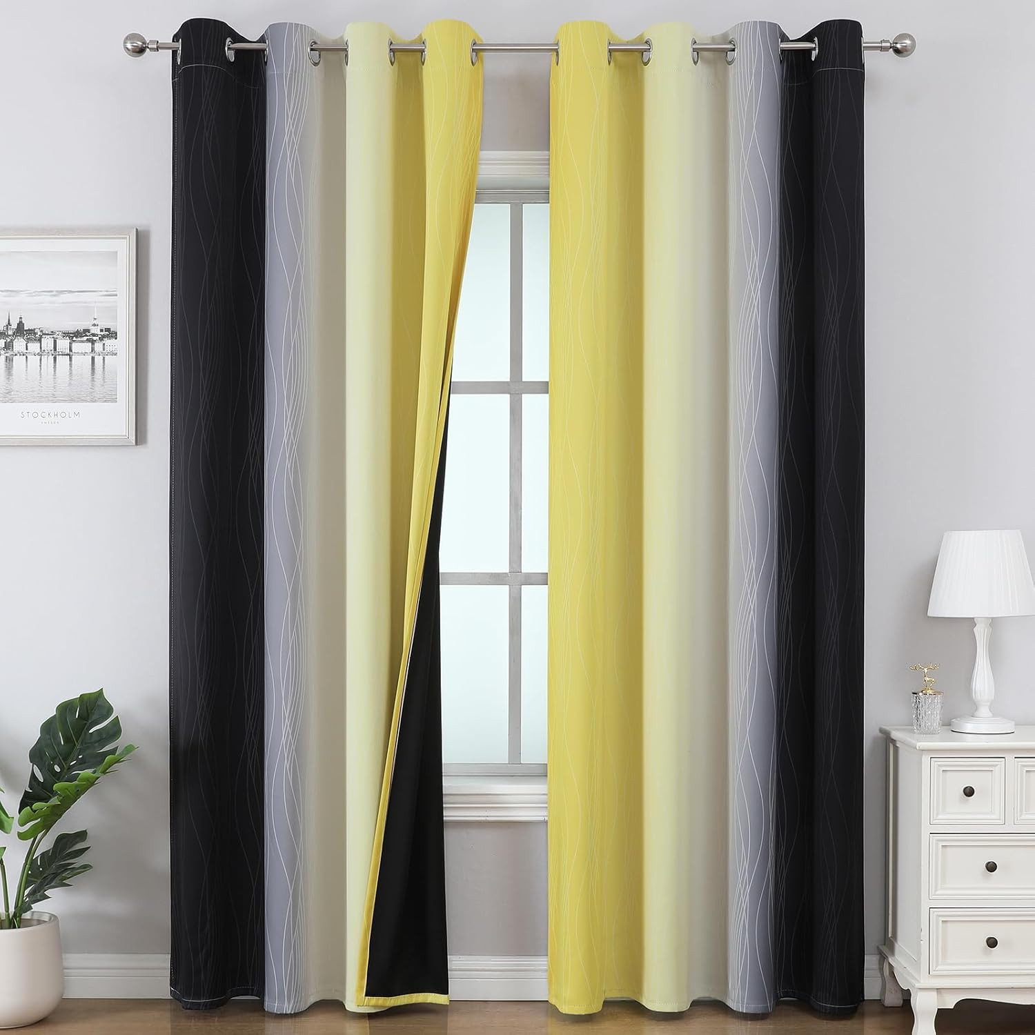Black and Yellow Ombre Blackout Curtains for Bedroom, Room Darkening Energy Savi