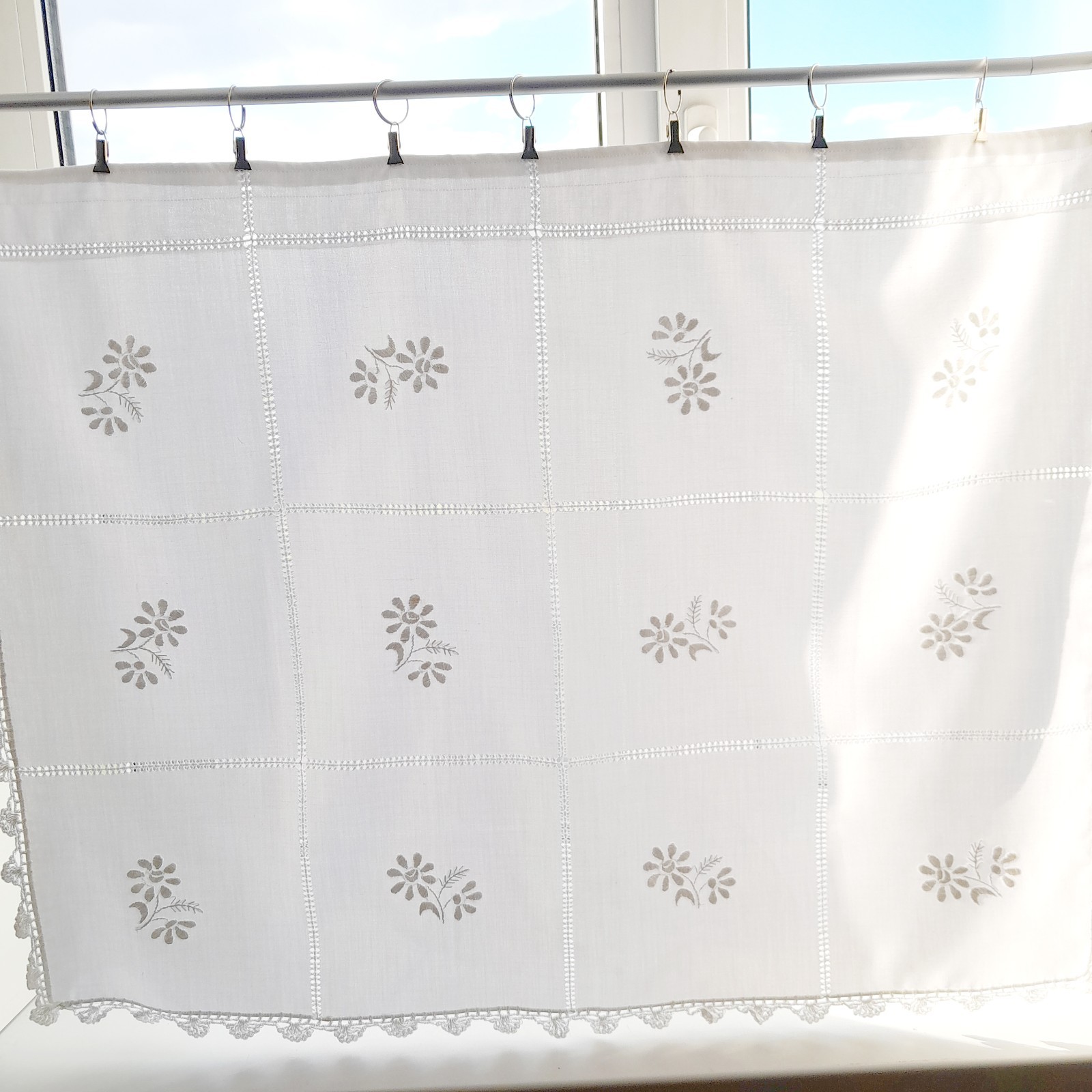 Vintage Embroidered Flowers Curtain White Cotton Hemstitch Crochet Lace Border