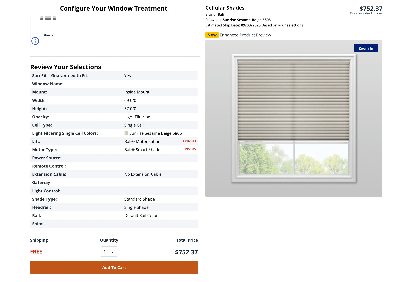 Bali Cellular Smart Shade – Brand New, Motorized