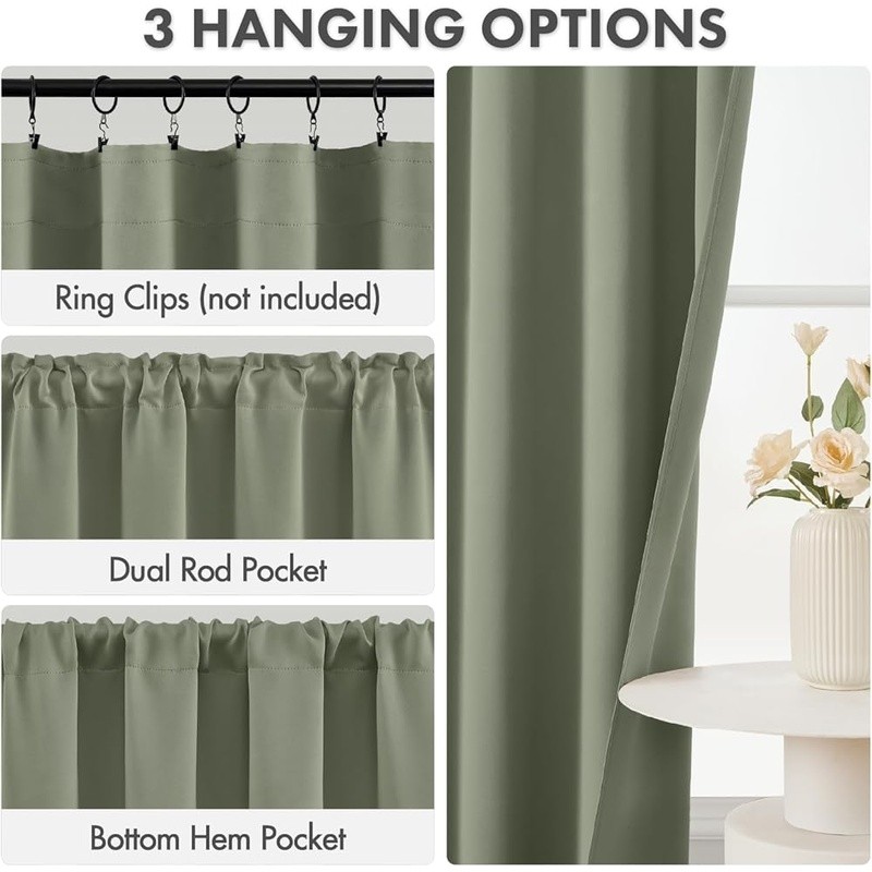 Blackout Curtain Room Darkening Dual Rod Pockets Thermal Insulation New