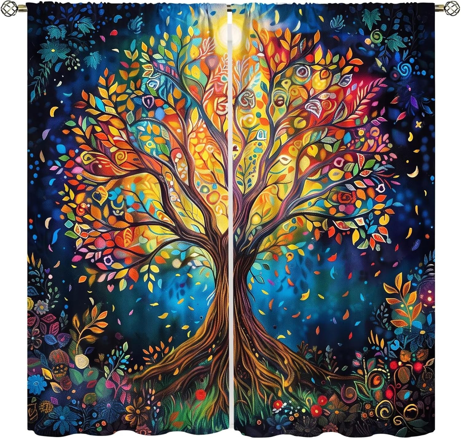 Tree of Life Window Curtains, Tree Curtains,Abstract Summer Flowers Curtain Tier
