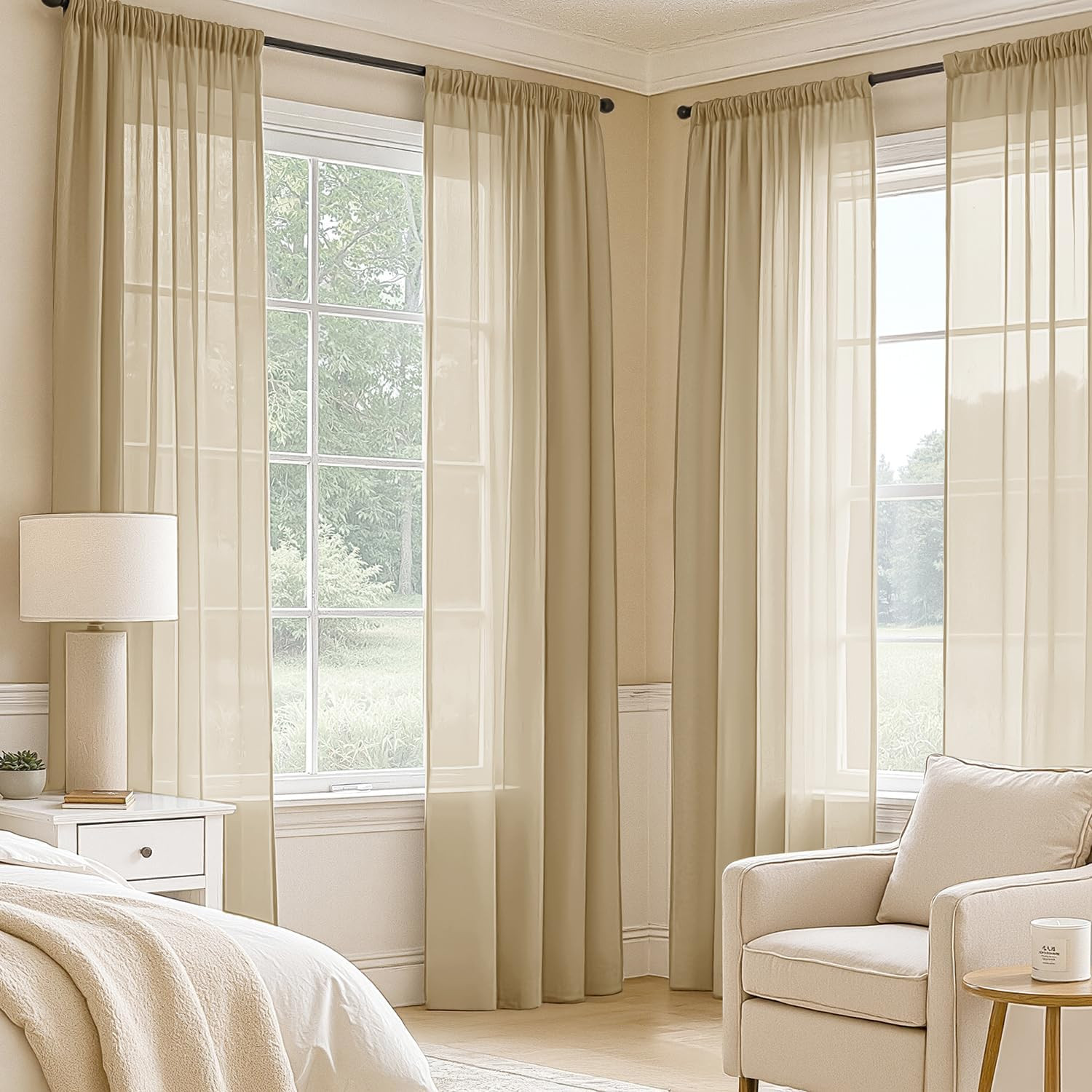 MIULEE Beige Sheer Curtains 63 Inches Long, 4 Panels Set, Rod Pocket Voile Drape