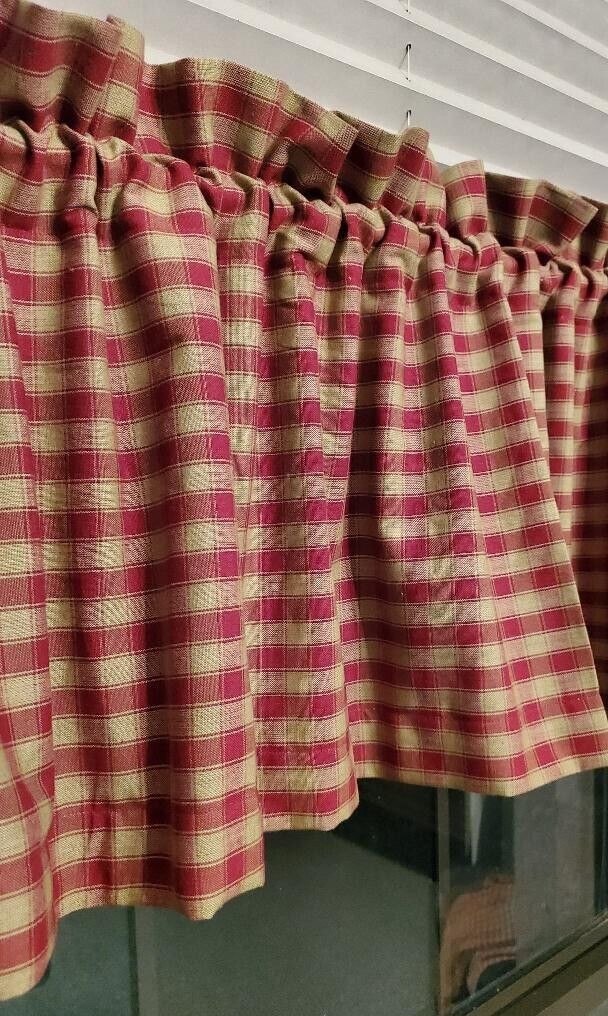 Rustic Primitive Country Red & Tan House Check Homespun Valance 68″x14″