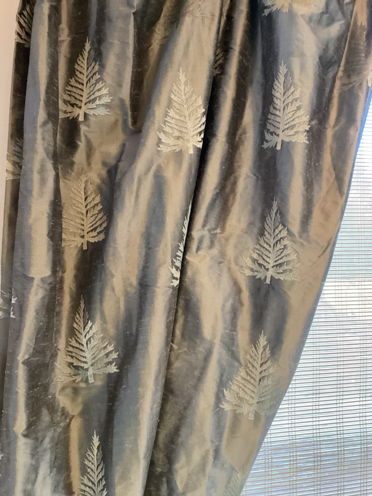 Silver/Gray (Aspen Tree embroider) Silk Lined Rod Pocket Curtain Panels 48”x95”