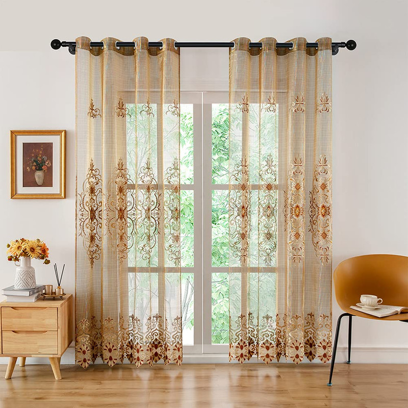 Elkca European-Style Embroidered Sheer Curtains For Living Room Luxury Brown
