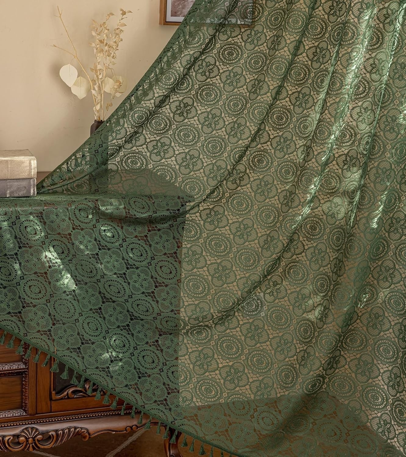 Dark Green Lace Curtains 84 Inch Long for Living Room 2 Panels Vintage Boho L…