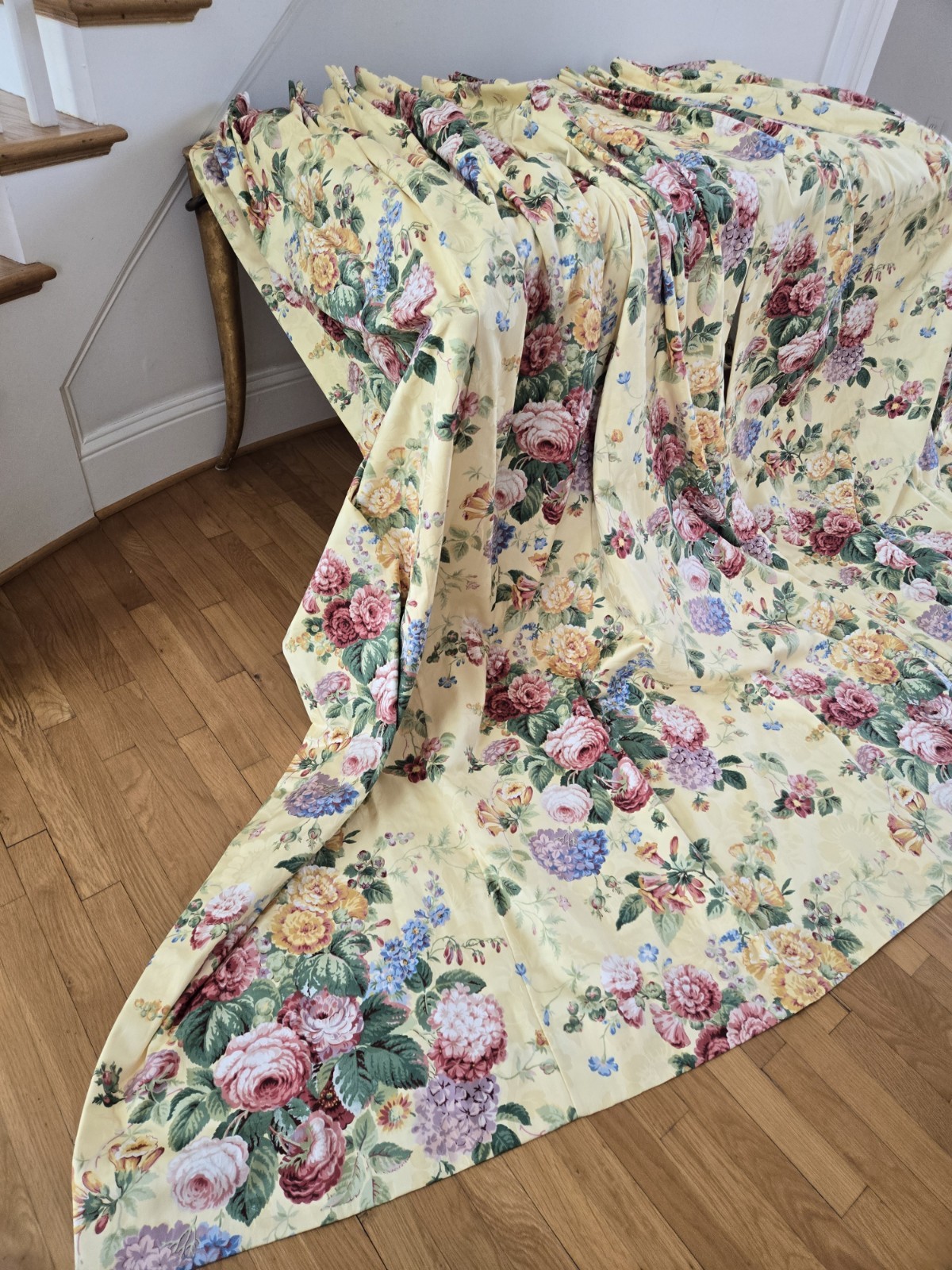 2 Custom English Country Cottage Rose Yellow Multi Pinch Pleat Drapes W30xL86