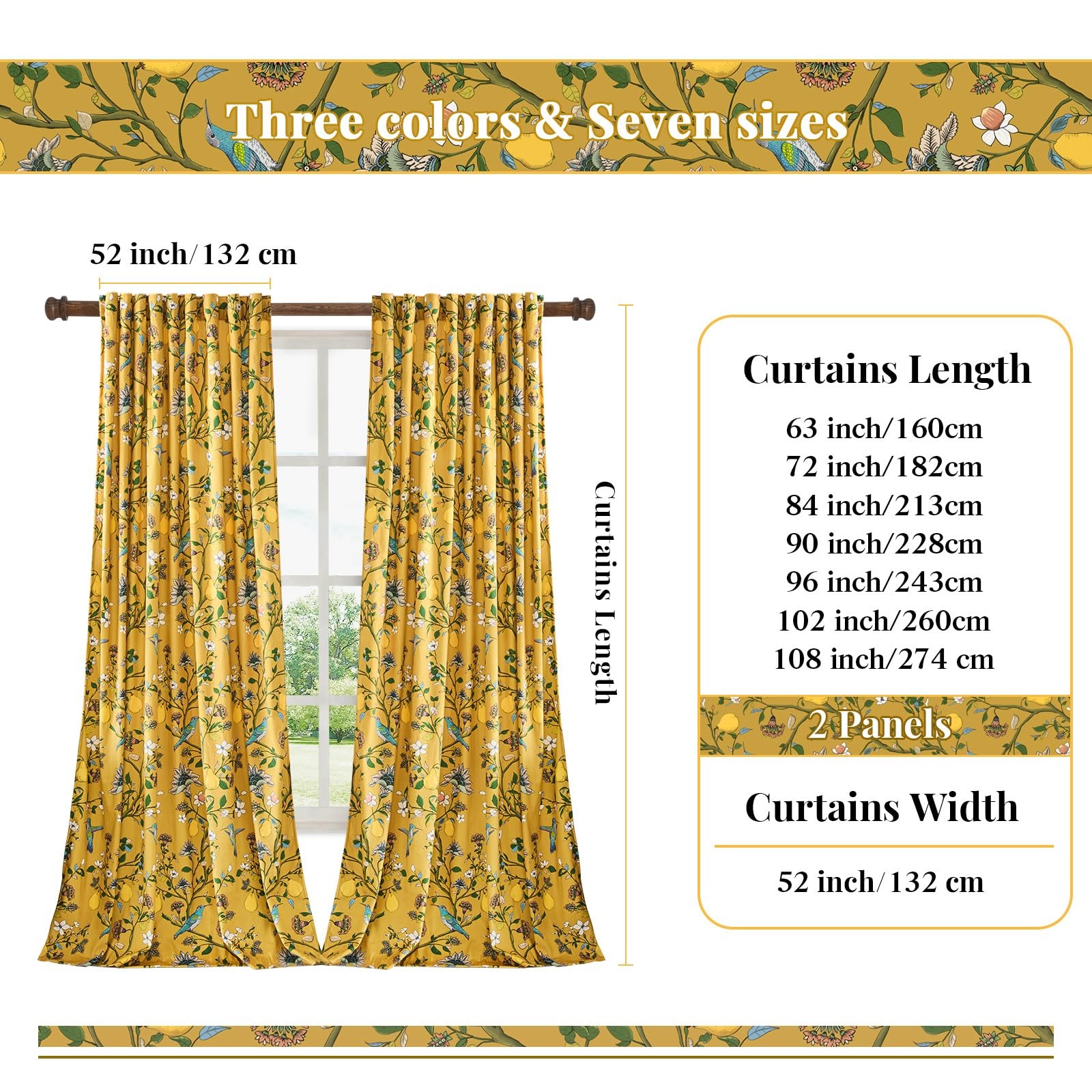Mustard Yellow Luxury Velvet Floral Curtains 84 inches for Living Room,Vintag…