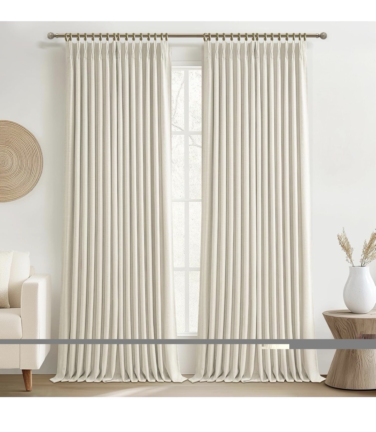 96″ White Pinch Pleated Linen Curtains, 2 Panels, Semi-Sheer Farmhouse Drapes
