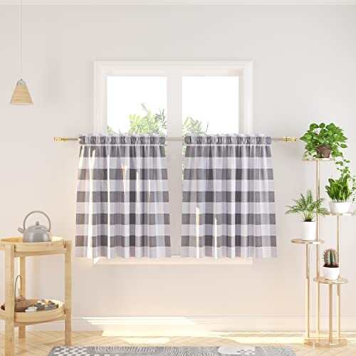 Cafe Curtains 30 inches Long Buffalo 2 Pc Tier 27″ x 30″ Plaids Grey&white