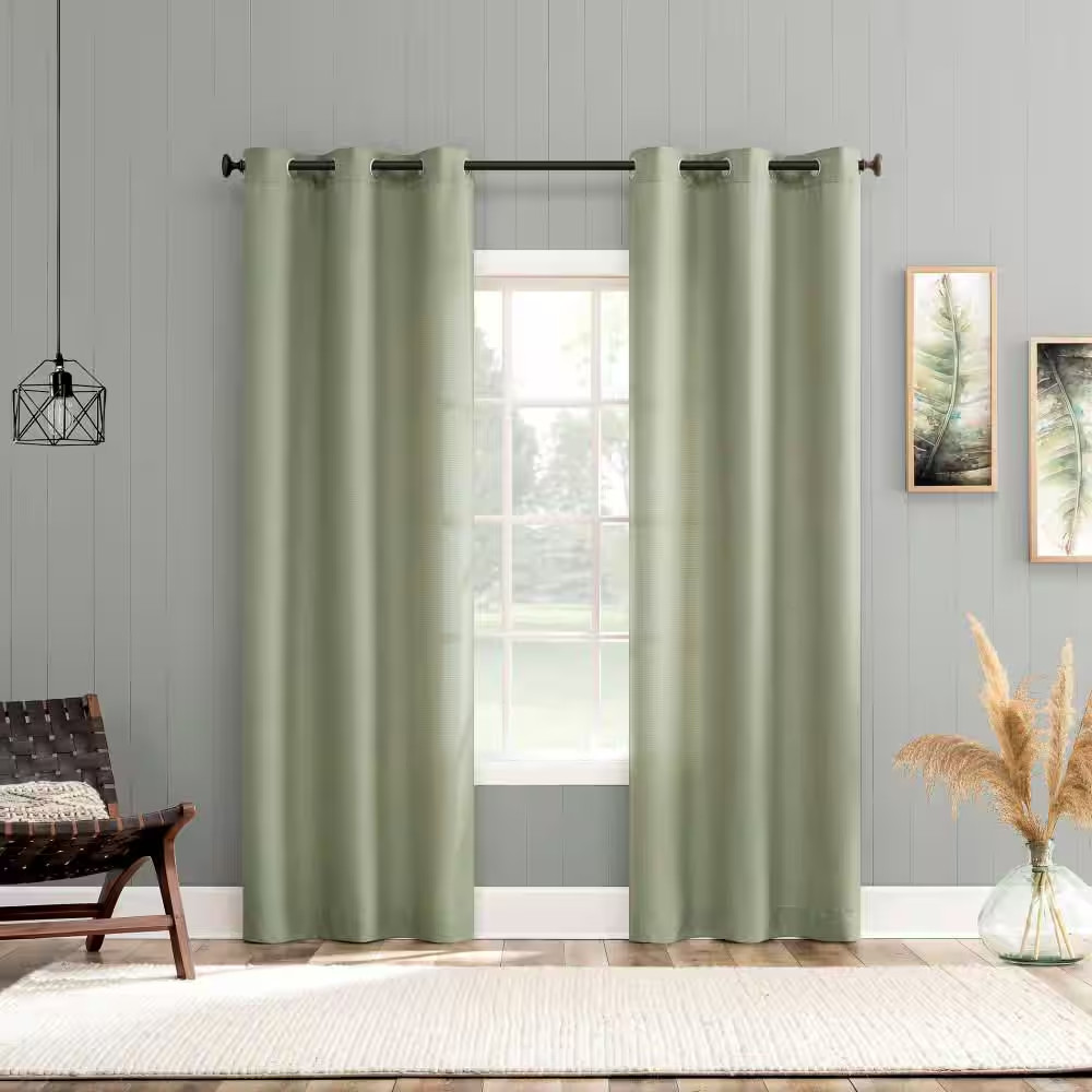 Landon Textured Sage Green Faux Linen 40 In. W X 63 In. L Grommet Light Filterin
