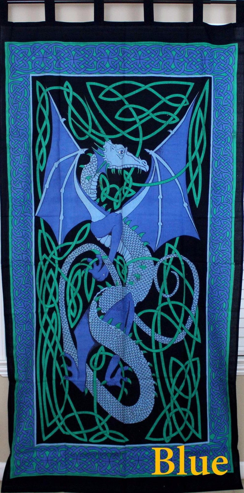 Handmade Celtic Dragon Tab Top 100% Cotton Curtain Drape Panel Blue 44×88 Inches
