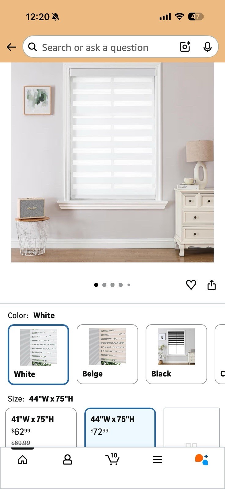 New In Box Joydeco Cordless Zebra Roller Shade Blind 44×75 White