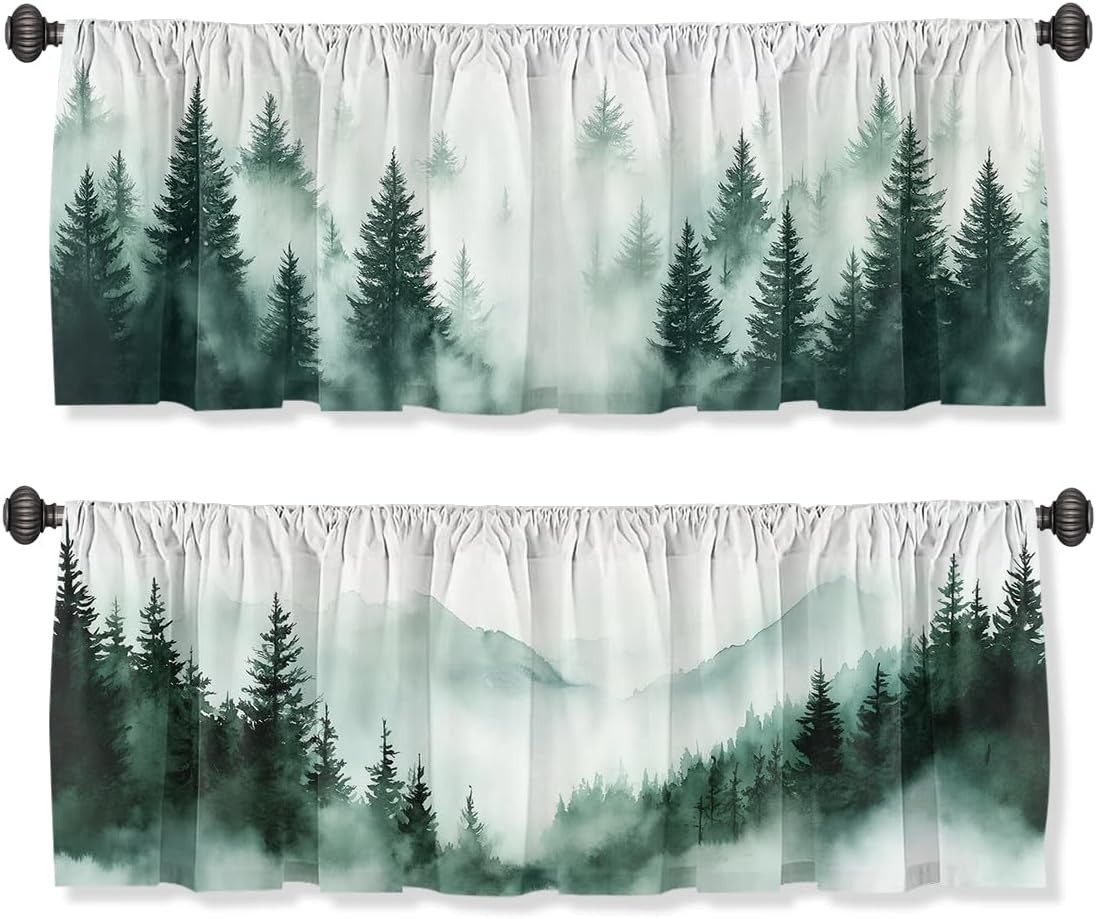 Forest Valance Curtain for Windows 2 Pack Misty Green Pine Nature Tree Mounta…