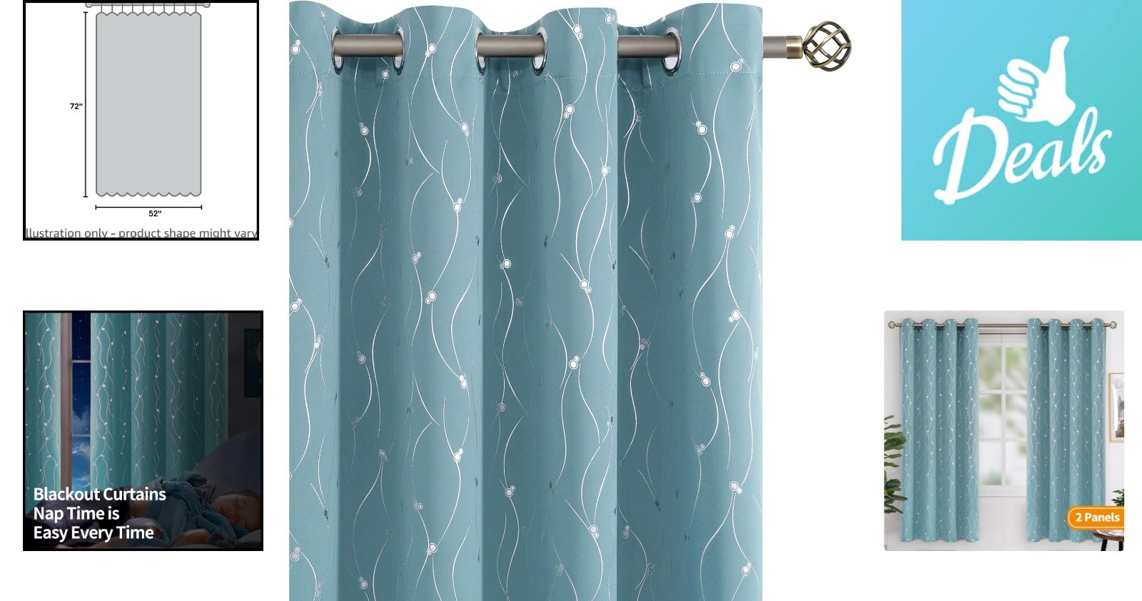 Luxurious Wave Line & Dots Blackout Drapes – 52 x 72 Inch Panels in Aqua