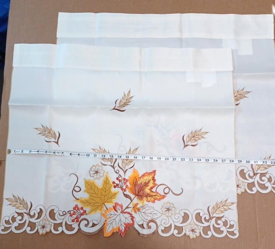 Autumn Fall Leaf Cafe Tier 2 Curtains 24″Length Pair Scallop Embroider Set