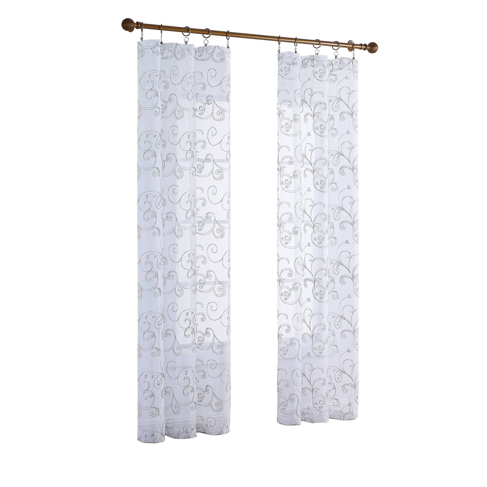 Scroll Rod Pocket Sheer Curtain Panel, 1-Piece, White/Grey, 38″ W x 63″ L