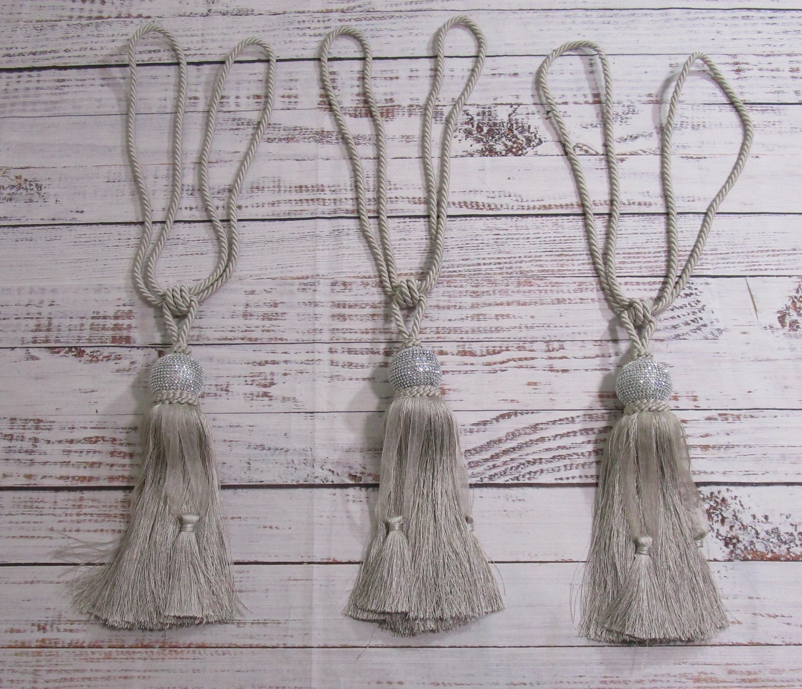 Set of 3 Rhinestone Curtain Tiebacks Silver Gray Tassel Rope Tiebacks Glam Deco
