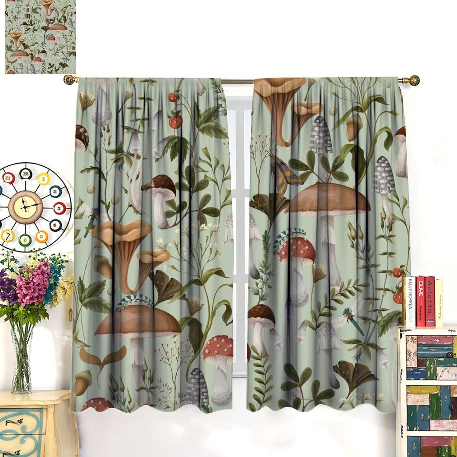 Mushroom Leaf Window Curtains, Nature Green Plant Retro Cartoon Pattern Printed