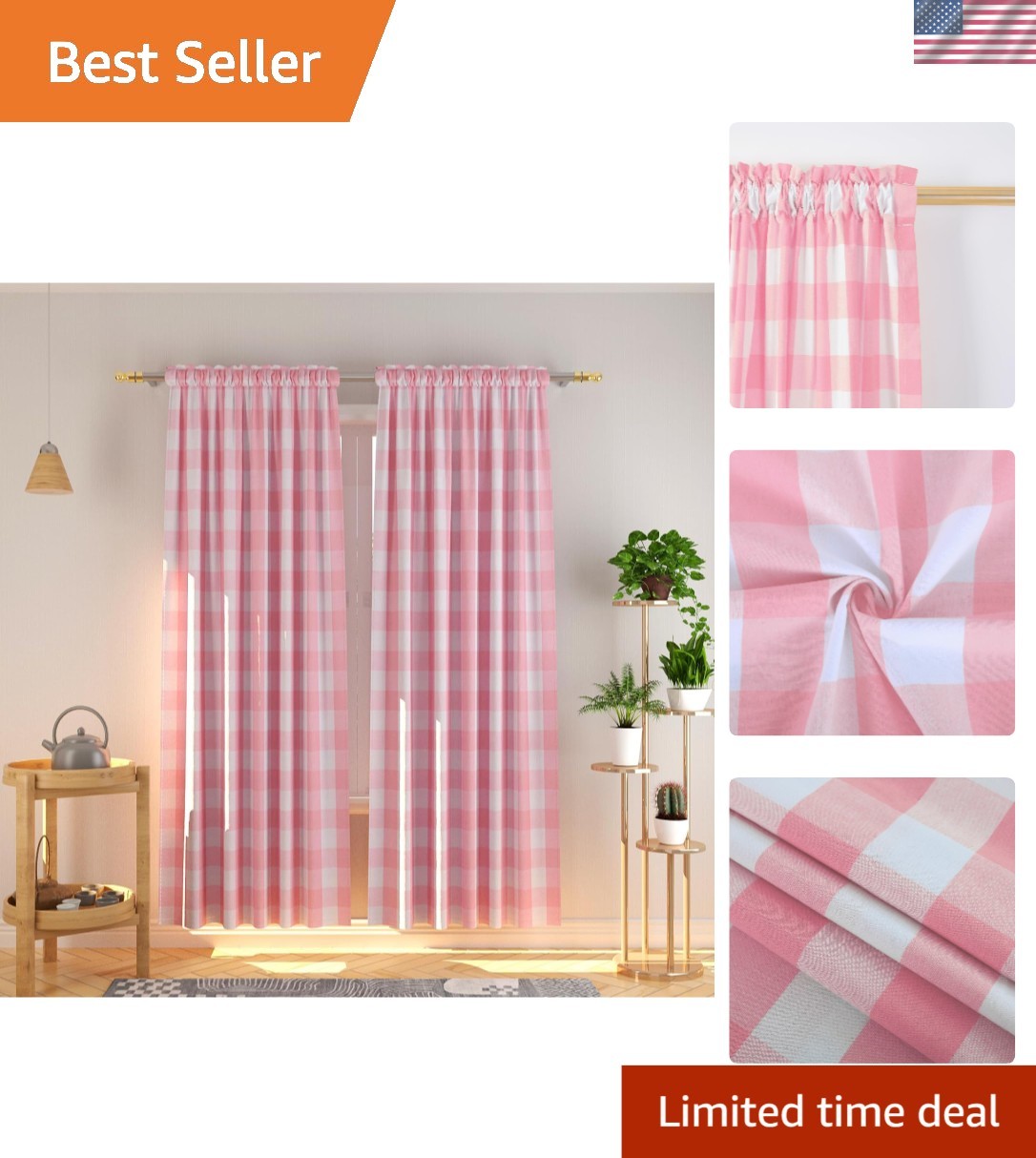Timeless Pink & White Gingham Window Curtains 84″ with Rod Pocket – 2 Panels
