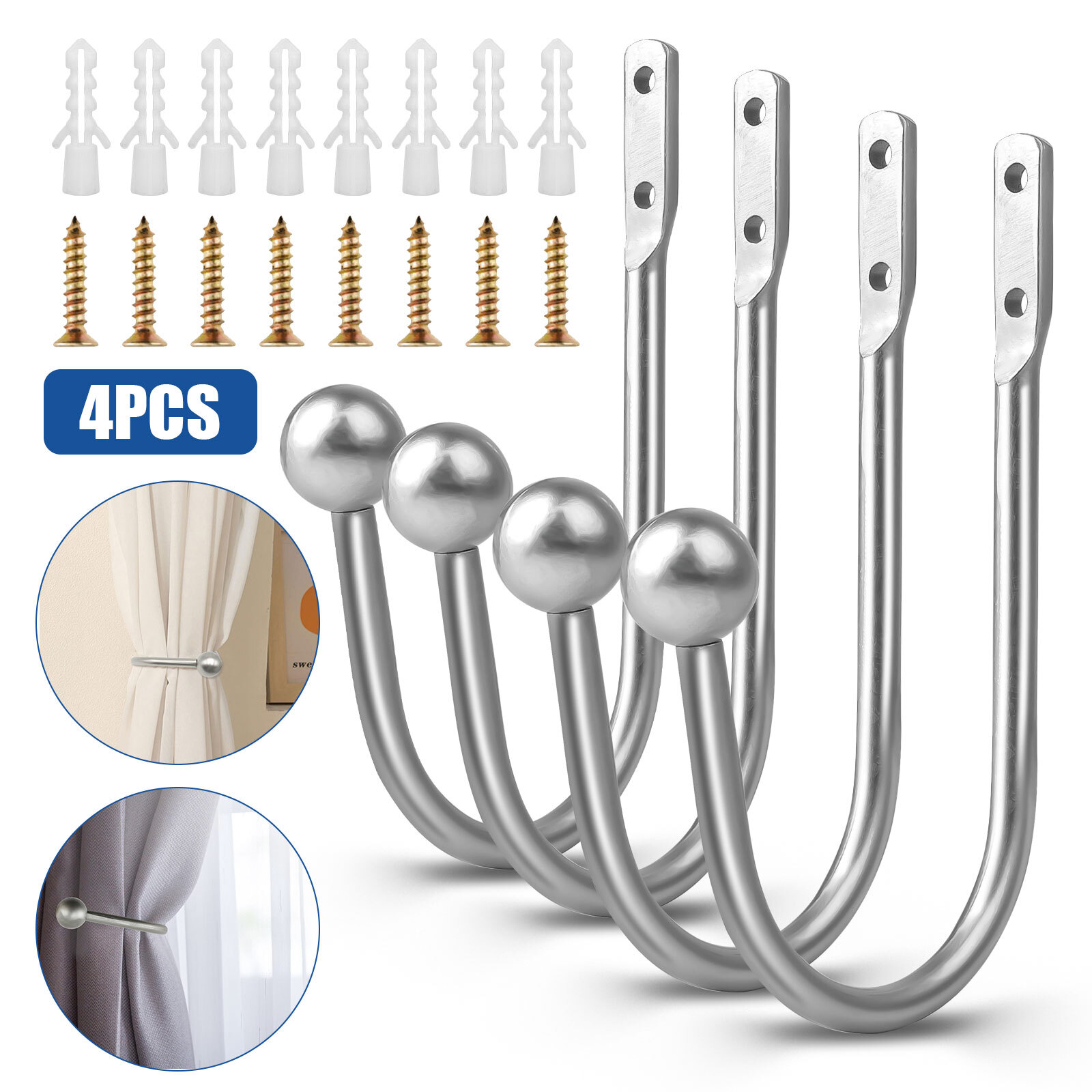 4x Curtain Holdback Curtains Holder Wall Mounted Drapery Tiebacks for Home Decor