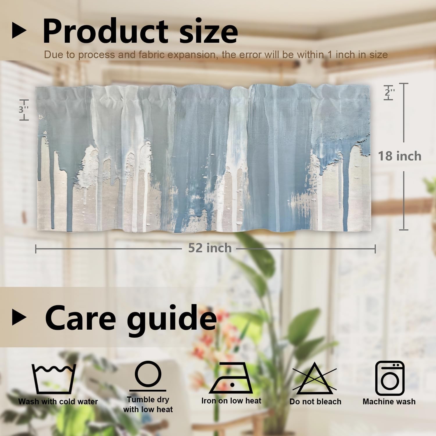 Light Blue Abstract Minimalist Watercolor Kitchen Valances for Windows,Art