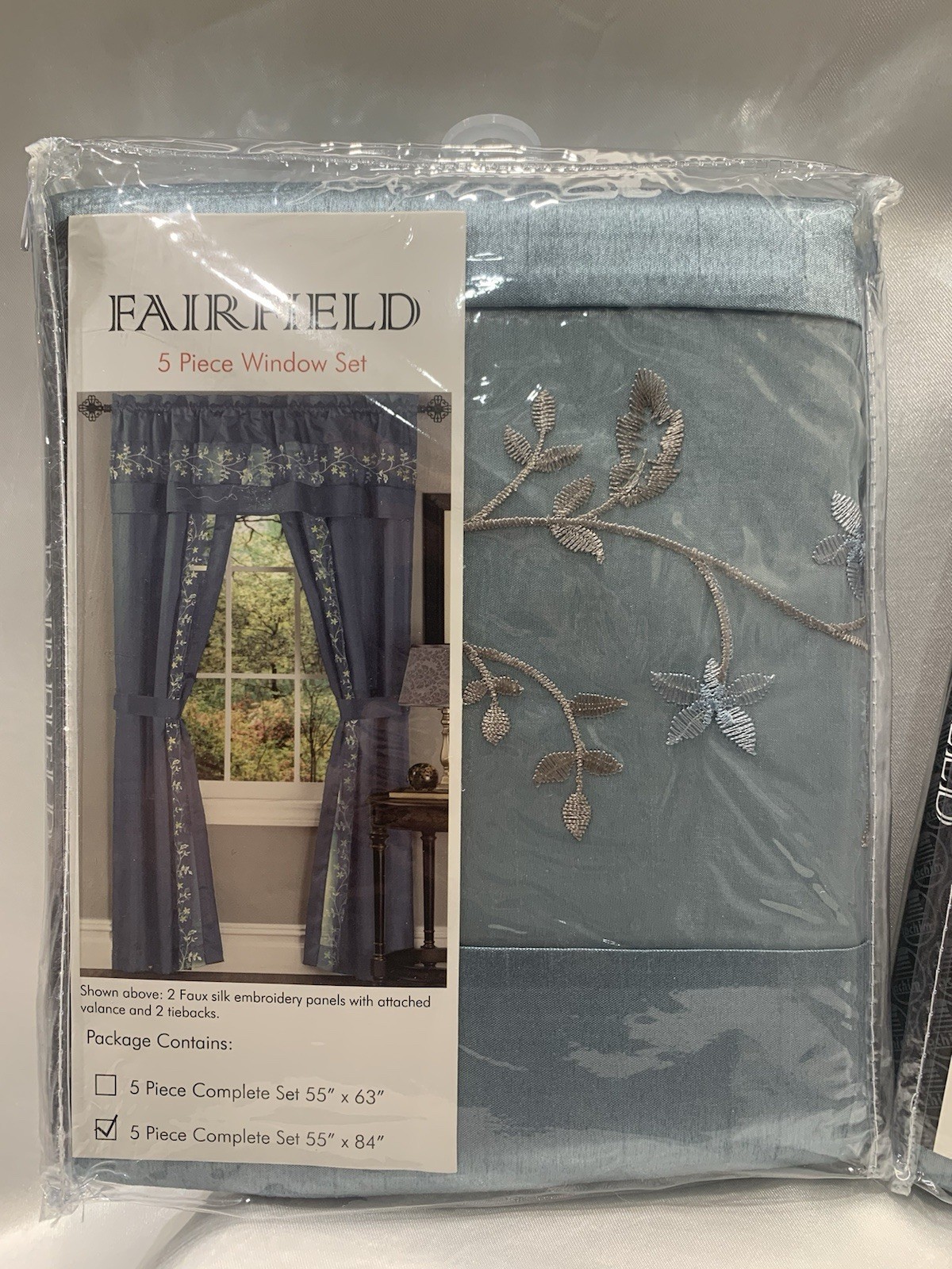TWO SETS Fairfield Complete 5-Piece Embroidered Panel, Valance & Tieback Set