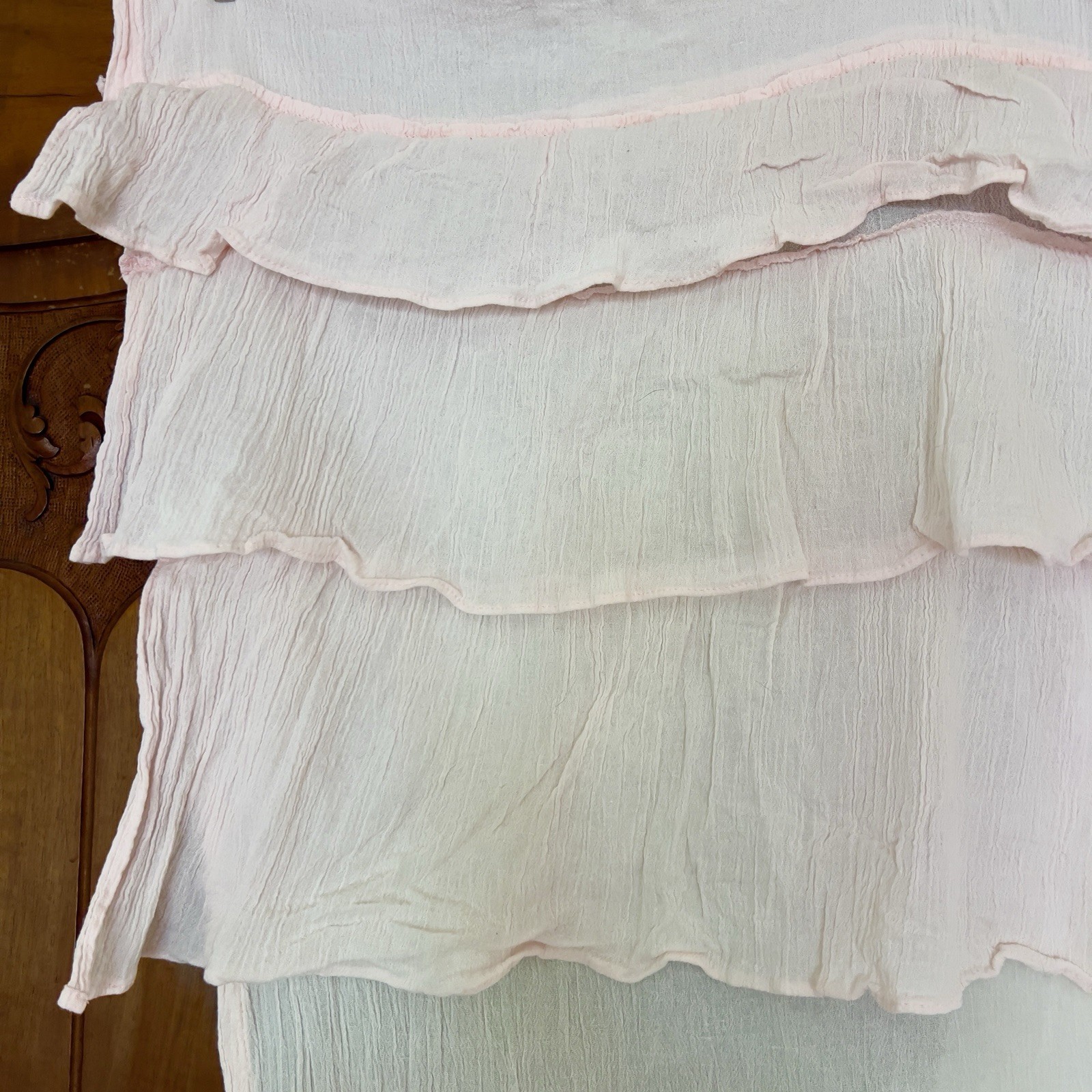 VTG SIMPLY SHABBY CHIC TRIPLE RUFFLE PINK COTTON GAUZE CURTAIN PANEL PAIR 50×82