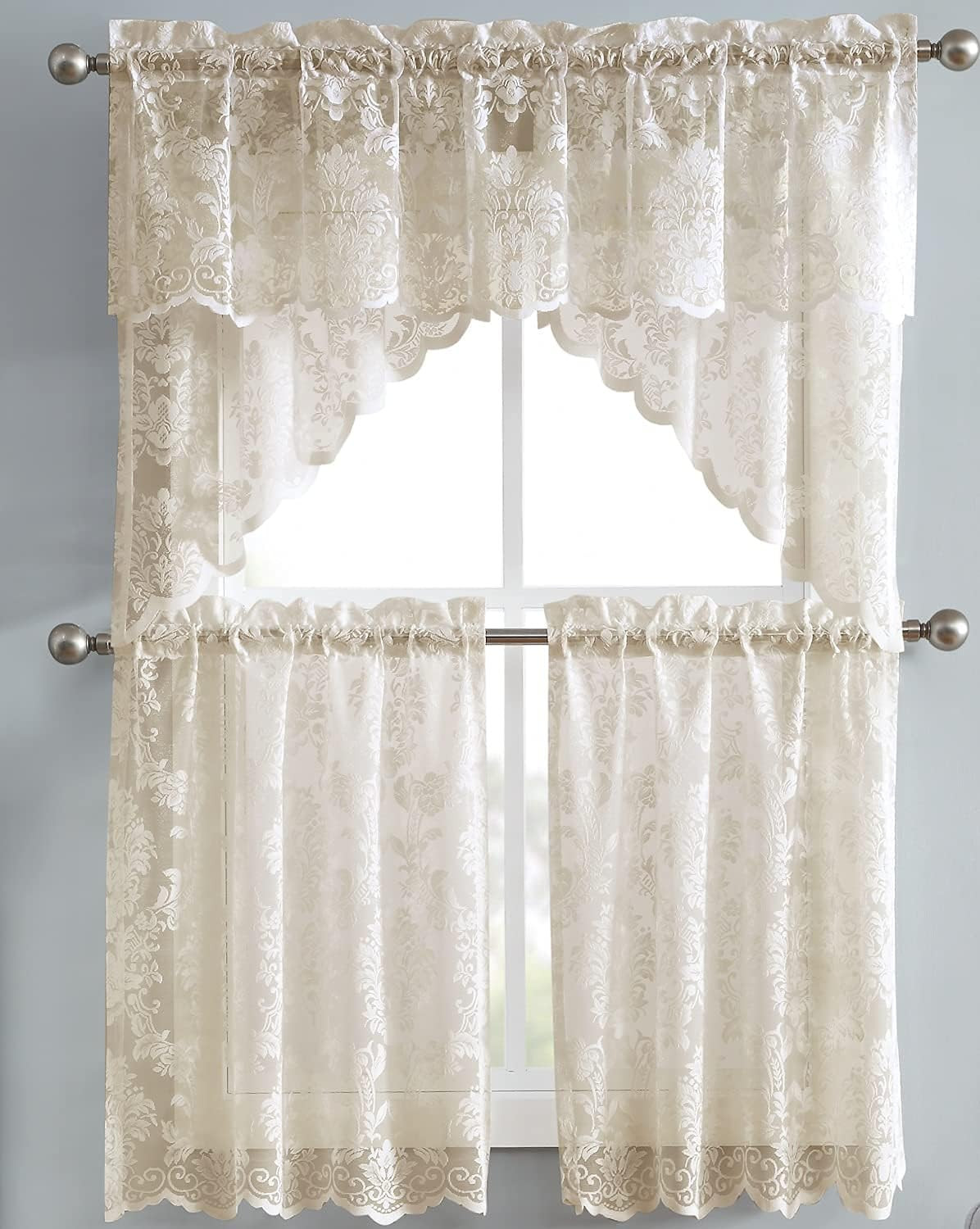 Pair of 30 Inches Wide X 36 Inches Long Gold Linen Knitted Lace Kitchen Tier Cur
